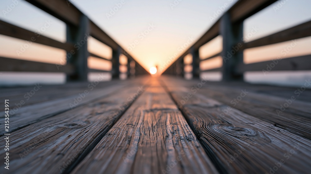 Obraz premium Low angle view of weathered wooden pier planks leading towards a bright sunset on the horizon with blurred railings