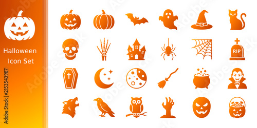 Classic Orange Halloween Icon Set with Pumpkin Ghost and Spooky Vector Elements
