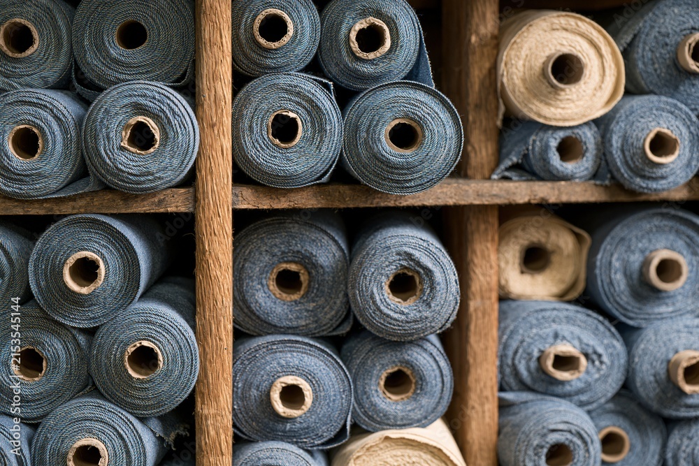 Fototapeta premium Rows of blue and beige denim fabric rolls neatly stacked on wooden shelves in a textile warehouse or storage room.