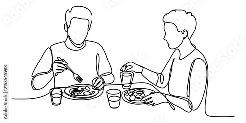 Two people eating food together at a dinner table continuous line drawing