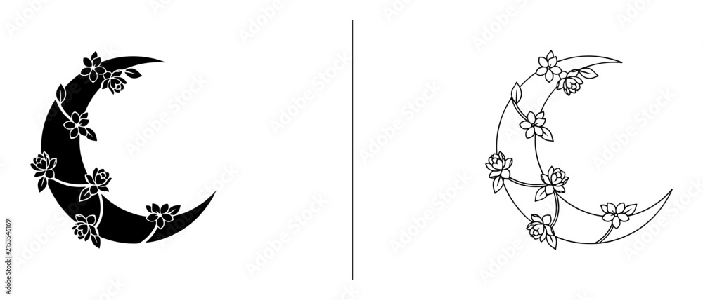 Fototapeta premium Floral crescent moon silhouettes with solid and outline styles