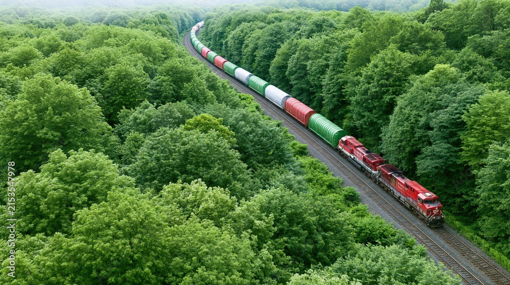Fototapeta premium Aerial view of a red freight train transporting colorful cargo containers through dense green forest