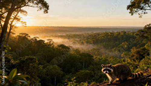 Wild raccoon in tropical rainforest at sunrise, misty jungle landscape with golden morning light, exotic wildlife in natural habitat