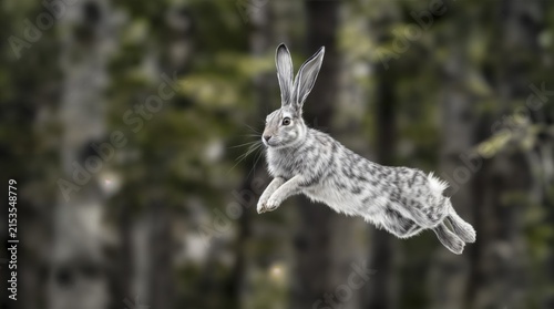 Jumping jack rabbit running and leaping through a forest. Wildlife. Copy space, AI generated