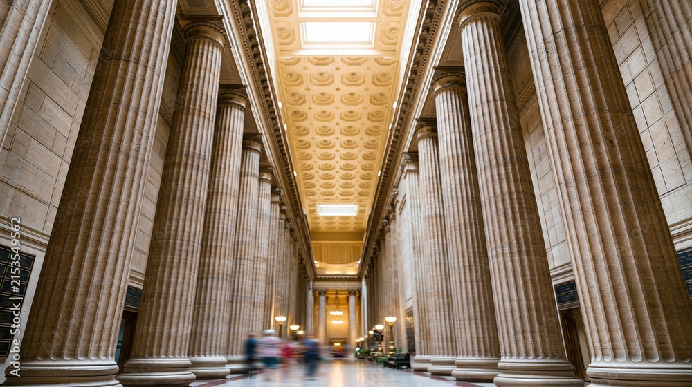 Fototapeta premium Grand hall with massive stone columns and ornate ceiling illuminated by skylights while blurred figures walk through the space