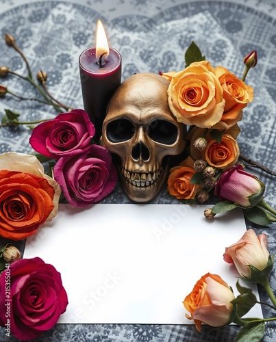 A gothic candle flickers beside a golden skull, while vibrant dried roses create an elegant border around a blank sheet of white paper, inviting creativity and expression. AI generated