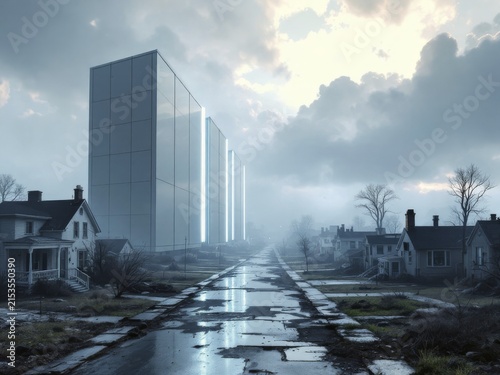 Misty scene with modern tall structures contrasted by traditional houses on a barren street, ai generated