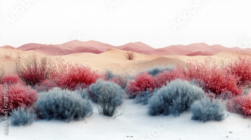 A surreal desert landscape featuring vibrant pink and teal flora thriving amidst soft, rolling sand dunes under a pale sky. The colors are dreamlike and contrasting, creating a captivating scene, AI generated