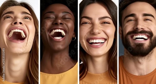 Close up faces of a multicultural group of men and women laughing out loud, showing genuine happiness and positive emotions. Healthy white teeth and joyful expressions represent pure fun