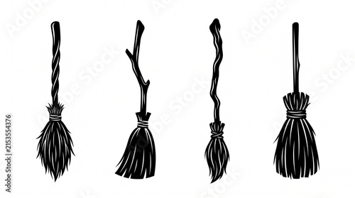 Set of black and white hand drawn spooky Halloween witch broomsticks vector illustration