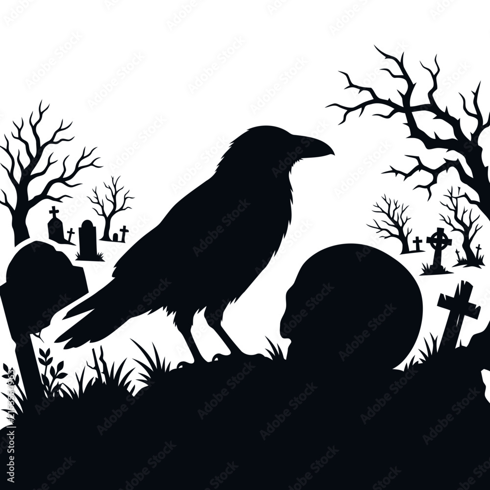 Obraz premium Black raven silhouette in a spooky graveyard with tombstones and a human skull
