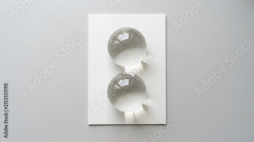 Two round glass spheres are resting on a white rectangular surface creating soft shadows against a plain light grey studio background setting