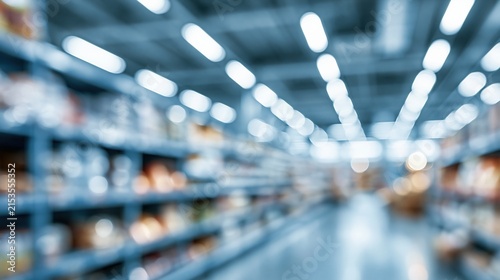Blurry aisle of a modern supermarket with rows of shelves stocked with goods under bright overhead lighting creating a bokeh effect