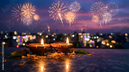 Diwali celebration with traditional clay oil lamps and fireworks in the night sky