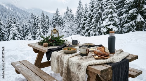 Cozy picnic setup in snowy forest isolated on white background