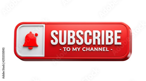 Realistic red youtube subscribe button with bell icon isolated on transparent background