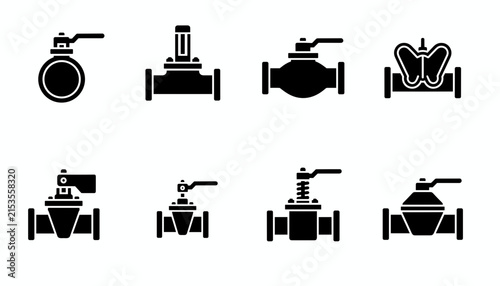 Industrial pipe valve silhouettes showing different pressure control mechanisms, butterfly valves, and gate valves in black color.