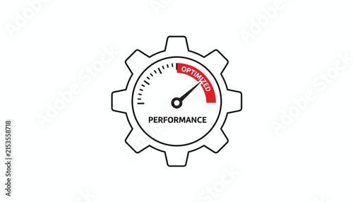 Vector icon of a gear surrounding a performance dial gauge with its needle pointing to the red optimized zone.