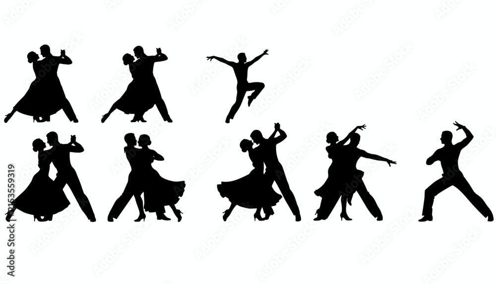 Obraz premium Elegant silhouettes of ballroom and latin dancers performing in pairs or individual expressive routines on a white background.