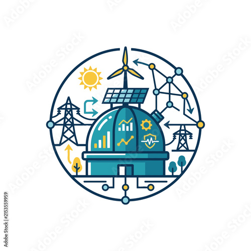 A circular icon representing sustainable energy and power grid systems