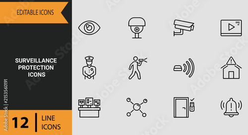 Surveillance Protection Icons Outline Icon Set Camera Monitoring Symbols For Perimeter Safety