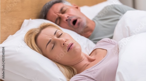 Snoring and sleep apnea health concept, male patient suffering from obstructive sleep apnea syndrome during night rest, breathing disorder, sleep disordered breathing, medical 3D illustration showing 