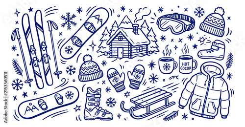 Obraz na plátně Hand drawn blue outline doodle set of various winter sports, ski equipment, and