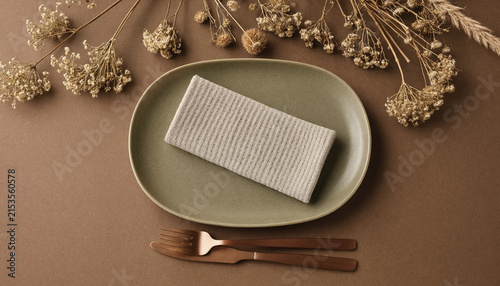 Top view of a minimalist table setting with a plate, napkin, and cutlery