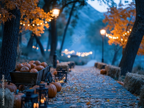 Autumn Forest Path with Pumpkins and Lanterns