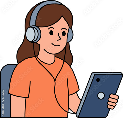 woman wearing headphones holding tablet clipart vector shape
