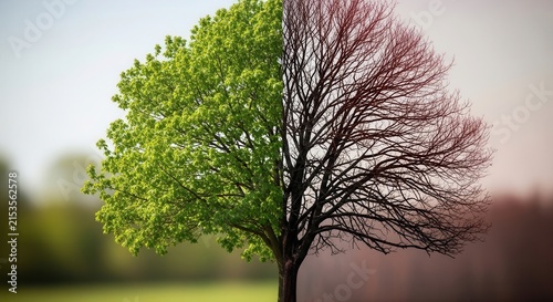 Split Tree Showing Vibrant Green Life On One Side And Bare Branches On The Other Side Symbolizing Seasons Or Change