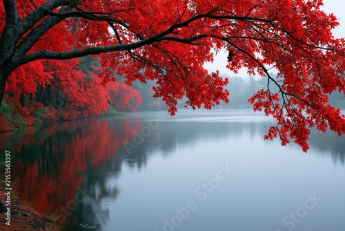 Crimson Maple Trees Reflecting on a Peaceful Lake