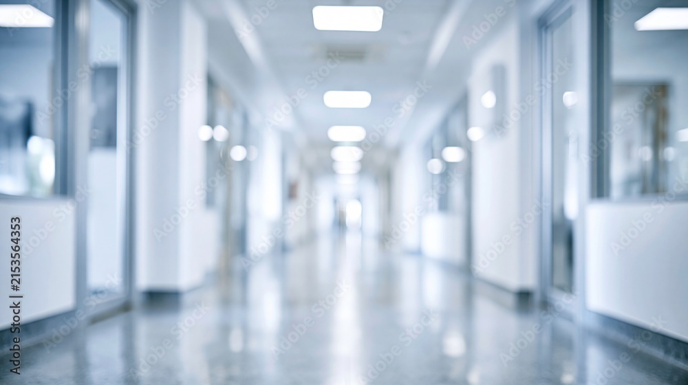 Fototapeta premium Blurred modern office hallway with bright overhead lights and glass doors reflecting a clean professional atmosphere.