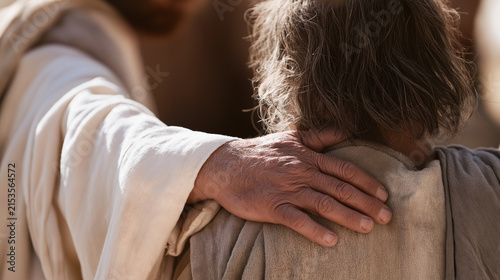 Jesus Christ putting a calming hand on the shoulder of an elderly man.