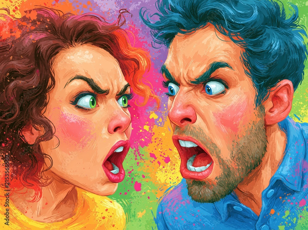 Obraz premium Angry man and woman shouting, vivid pop art style