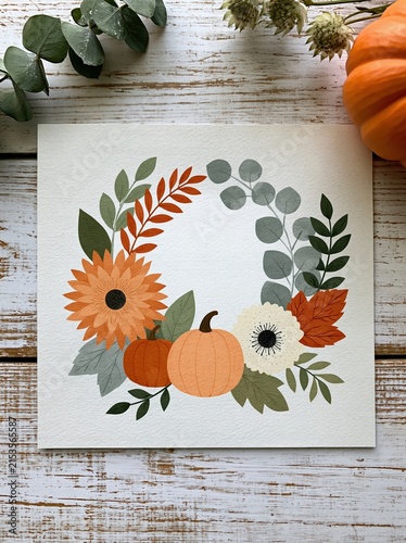 Watercolor Autumn Wreath with Pumpkins and Dahlias