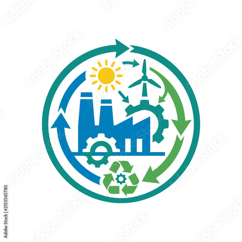 A circular icon representing sustainable industrial energy and green production