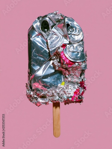 Crushed Can Ice Pop with Clustered Pull Tabs on Pastel Pink Background