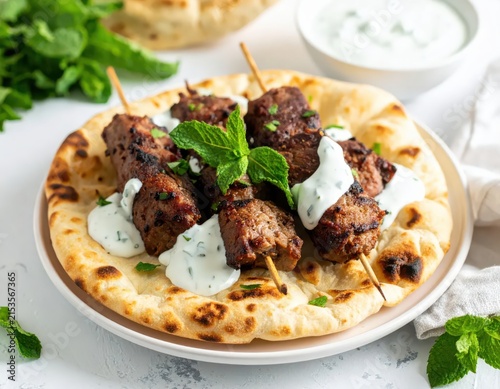 Grilled Meat Skewers Served on Flatbread with Yogurt Sauce and Fresh Mint Garnish