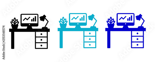 Set of three office desk icons with computer monitor and lamp for business design