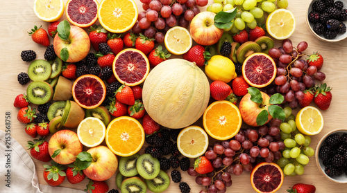 Top view assortment of fresh colorful organic fruits mix background flat lay
