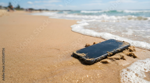 smartphone on beach sand near ocean representing digital disconnection