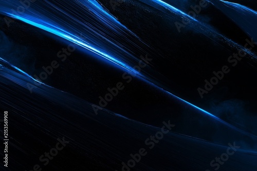 Technology, Abstract,3D render of futuristic black brushed metal panel with neon blue glowing light, smoke and dramatic lighting. High-tech gaming concept and technology background.