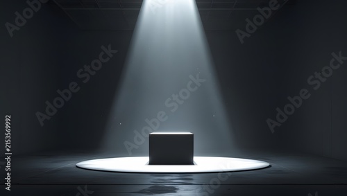 Futuristic Exhibition Room with Spotlight on Minimal White Display Pedestal