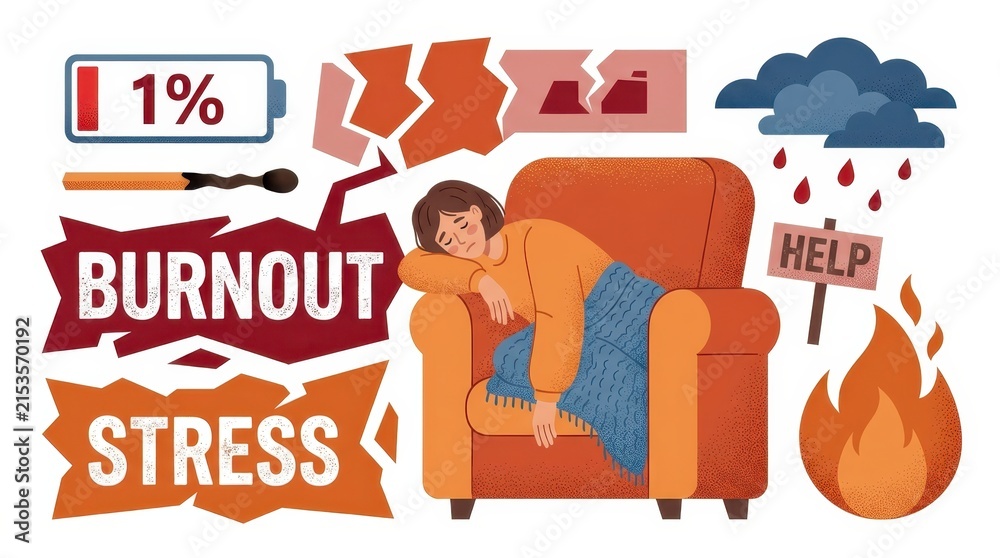 Obraz premium Emotional Burnout and Mental Stress Illustration with Exhausted Woman and Symbolic Icons for Psychological Health Awareness