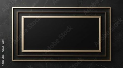 Frames in Layered Metallic Gold and Bronze Surround a Blank Black Panel Against a Textured Dark Marble Wall.