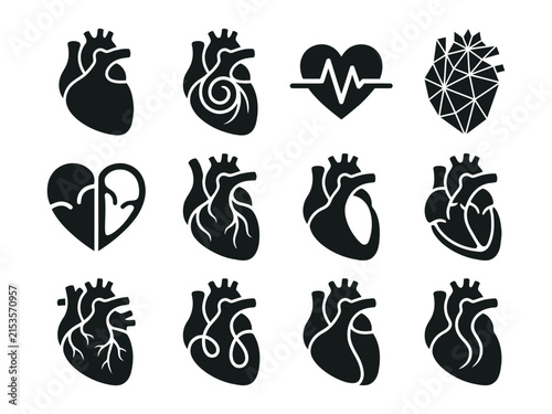 Anatomical, geometric, and pulse heart icons for medical, cardiology, and healthcare design