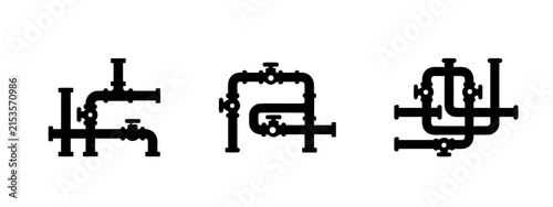 Industrial Pipe Systems with Valves and Connections Vector Illustration Set