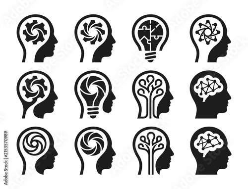 Human head profiles with gears, lightbulb, and circuit for AI, strategy, and creative thinking