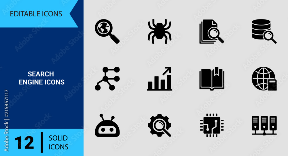 Naklejka premium Search Engine And Web Search Icon Set For Online Discovery Browser Navigation Internet Optimization